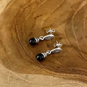 RETIRED Black Onyx Marcasite Dangle Earrings, Sterling Silver & Onyx